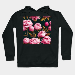 Pretty Pink Peony Flower Pattern on Black Background Hoodie